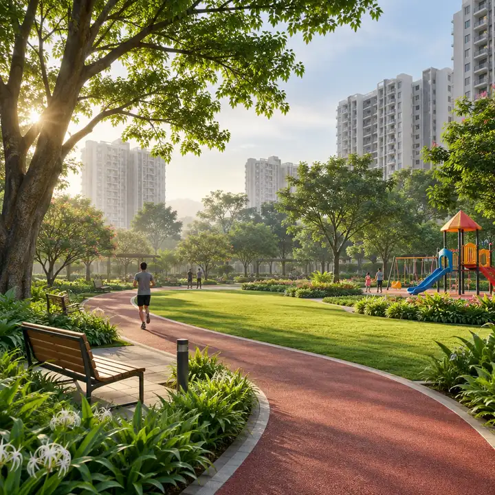 Sattva Uttari landscaped central garden with a jogging track, lawns, shade trees and a children's play area, towers beyond, artist's impression Sattva Uttari landscaped central garden with a jogging track, lawns, shade trees and a children's play area, towers beyond, artist's impression