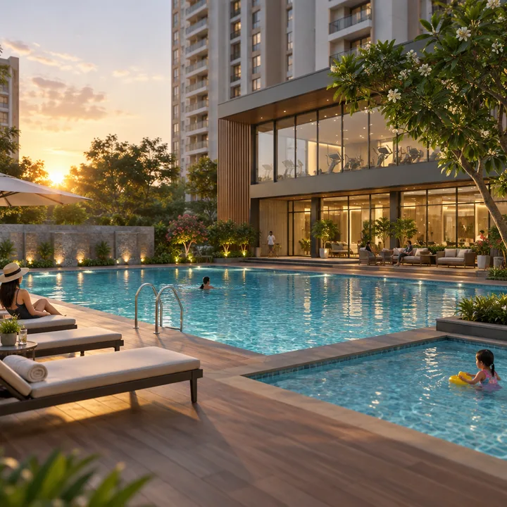 Sattva Uttari clubhouse beside a swimming pool and a children's pool with a timber deck and loungers, at sunset, artist's impression Sattva Uttari clubhouse beside a swimming pool and a children's pool with a timber deck and loungers, at sunset, artist's impression