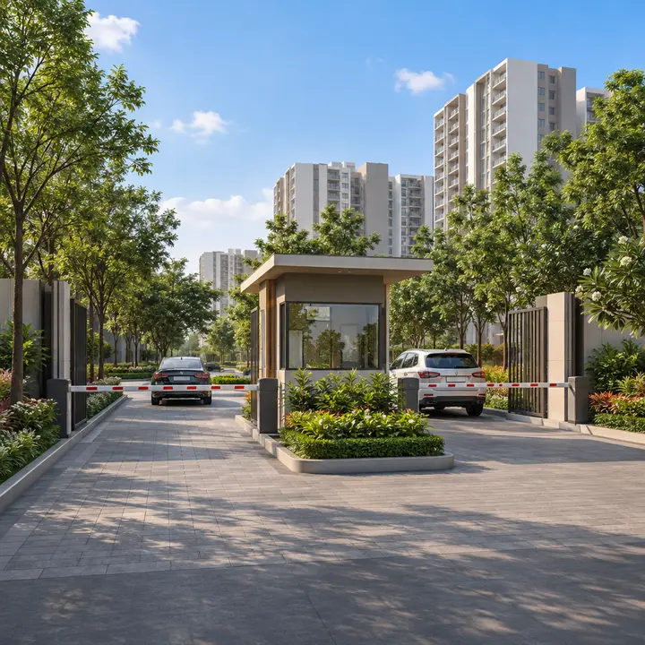 Sattva Uttari gated entrance with a security cabin, boom barriers and a tree-lined driveway leading to the towers, artist's impression Sattva Uttari gated entrance with a security cabin, boom barriers and a tree-lined driveway leading to the towers, artist's impression