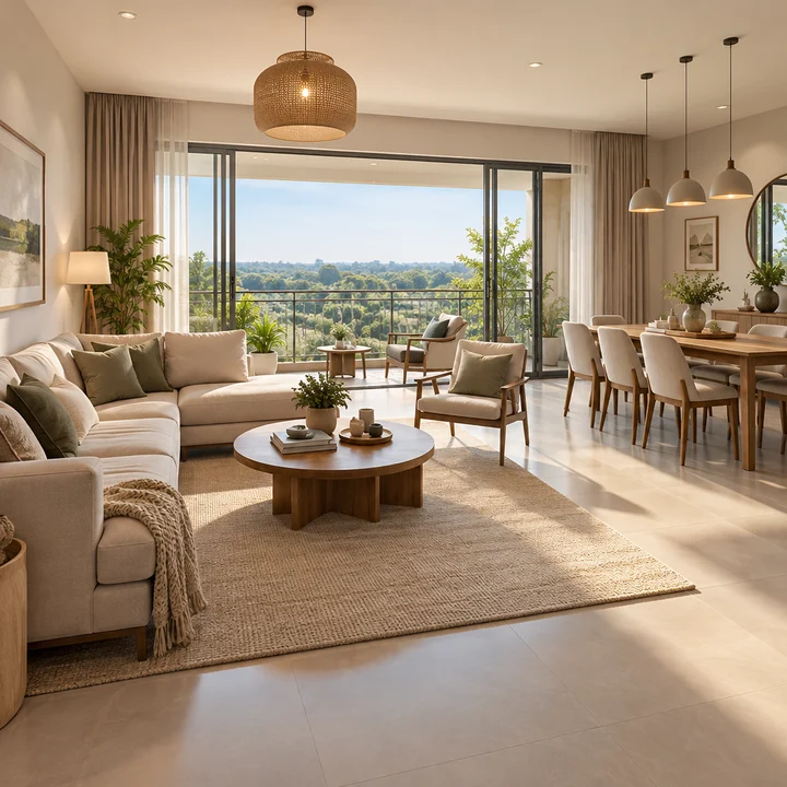 Sattva Uttari indicative living and dining room with balcony doors open to green countryside, artist's impression Sattva Uttari indicative living and dining room with balcony doors open to green countryside, artist's impression